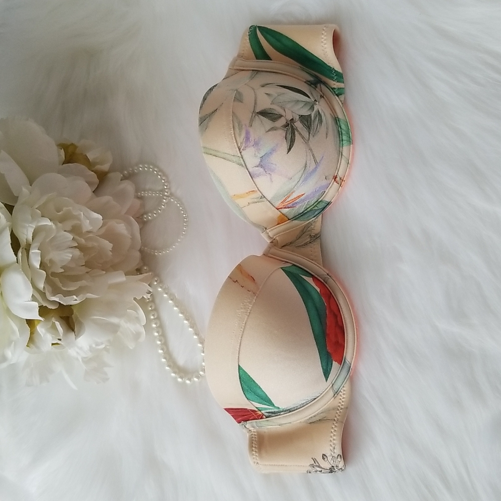 TRIANGL Strapless Bikini Top Bra Cream Floral Print Swim Top Bra